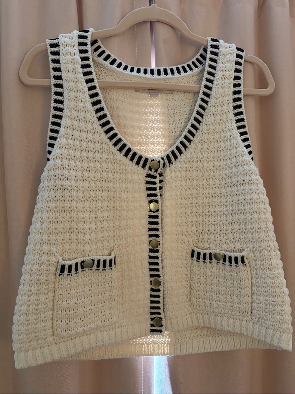 Cream Crochet Knit Button-Front Sweater Vest with Black Trim